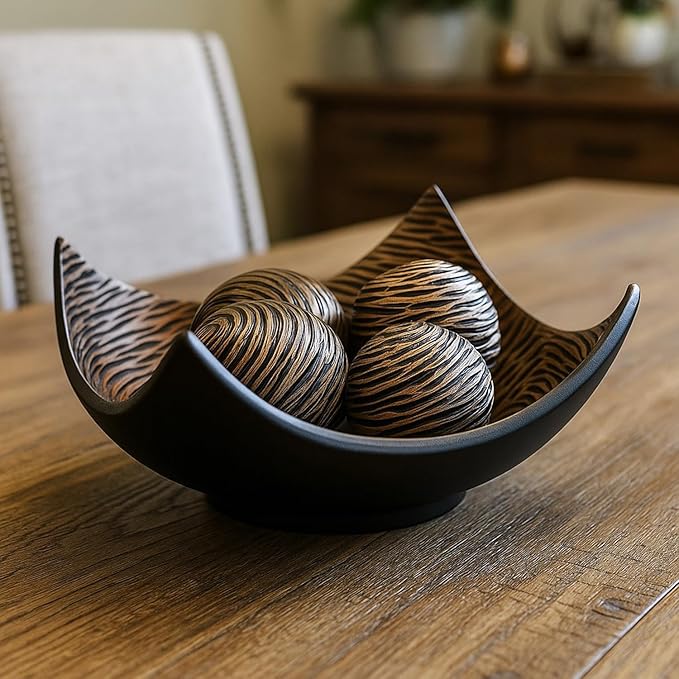 Seraphic 5pc Large Decorative Scoop Bowl Set with Stylish Orbs/Balls – Elegant Centerpiece for Dining/Kitchen Table, Living Room, or Office Decor, 14" diagonal. 11" wide and 5.75" tall, Brown