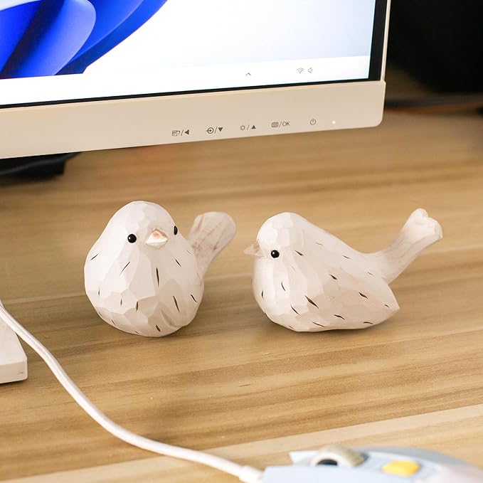 Handcrafted Farmhouse Bird Decor Figurines Set of 2 – Rustic White Carved Bird Statues for Home Decor, Cottage Chic Ornaments, Vintage Wood Sculptures, Spring Table Accents, Gift for Bird Lovers