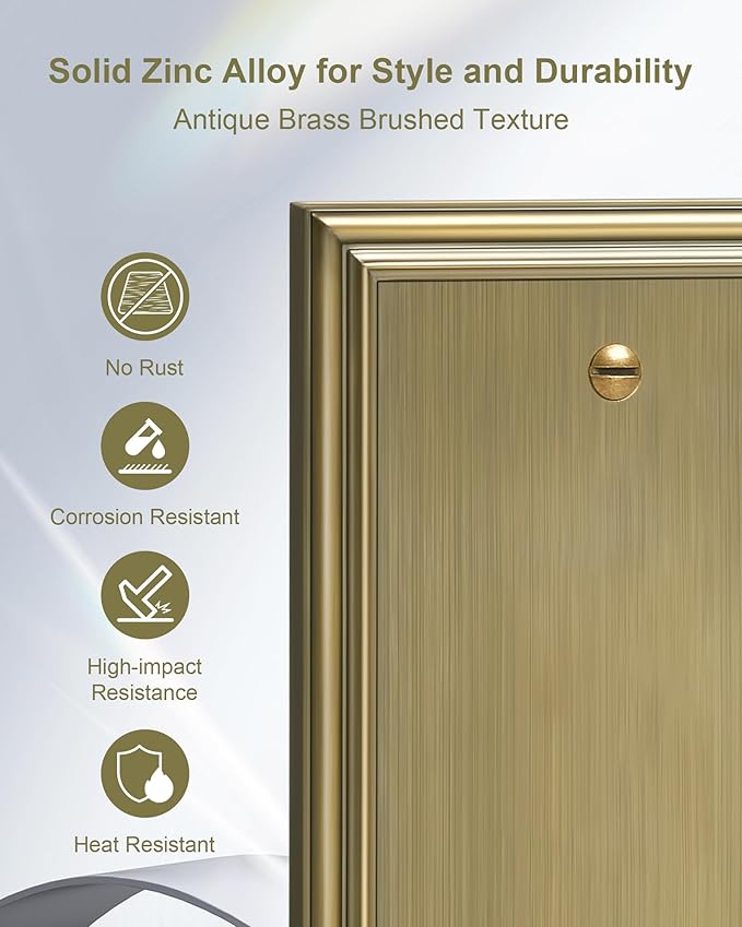 2-Pack Single Blank Wall Plates, Durable Solid Zinc Alloy Blank Outlet Covers, Decorative Antique Brass Wall Plate Cover for Unused Outlets/Switches, Corrosion Resistant