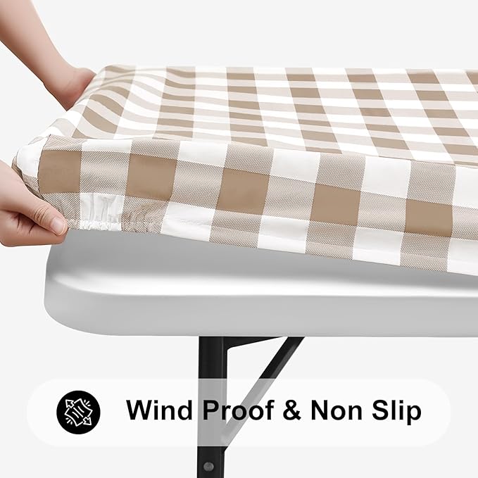 Smiry Rectangle Picnic Table Cloth, Elastic Waterproof Fitted Vinyl Tablecloths, Flannel Backed Buffalo Plaid Table Covers for Dining, Camping, Outdoor (White and Khaki, 36" x 96")