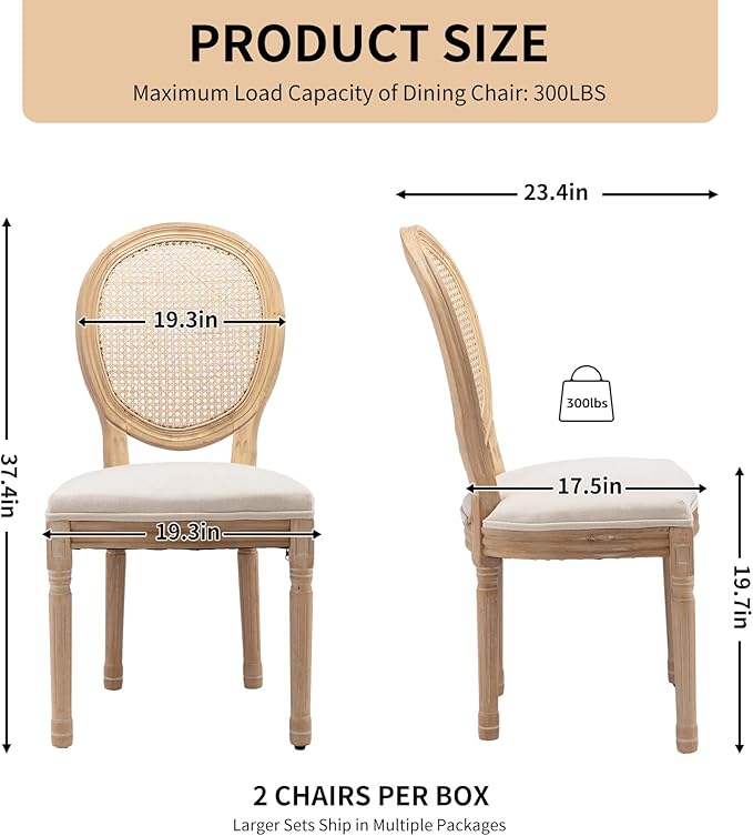 Vintage French Rattan Dining Chairs Set of 8, Solid Wood Frame with Round Rattan Back and Linen Upholstered Seat, Farmhouse Accent Sillas de Comedor Side Chairs for Dining Room & Kitchen, Beige