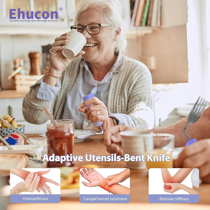 Adaptive Utensils Angled Spoon and Fork for Hand Tremors Parkinsons,Weighted Utensils with Non-Slip Easy Grip Handles for Independent Eating (1pcs Knife+1pcs Fork+1 pcs Spoon,Purple,Left Hand)