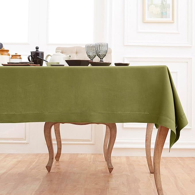 Solino Home Linen Tablecloth 60 x 90 Inch - Classic Hemstitch 100% Pure Linen Avocado Green Table Cloth for Rectangle Tables - Machine Washable Tablecloth for Winter, Spring, Easter, St Patricks Day