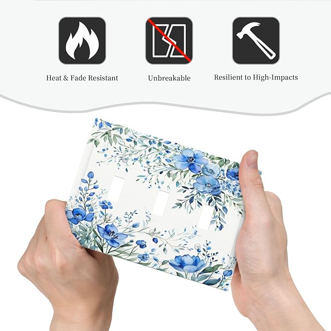 Light Switch Cover Blue Watercolor Flowers Retro Floral Leaves 3 Gang Wall Plate Triple Light Switch Plate Toggle Decorative Outlet Covers Electrical Switchplate for Bathroom Bedroom Decor