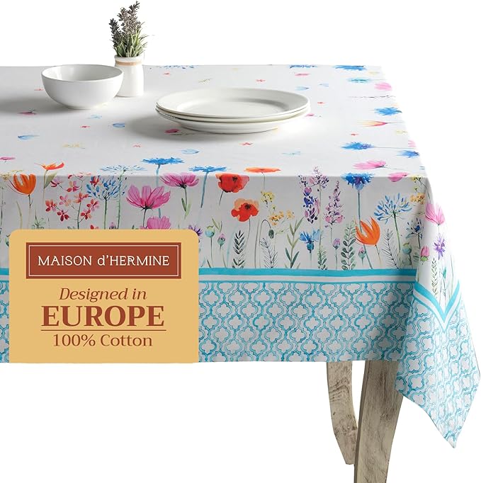 Maison d' Hermine Table Cloth Rectangle Table 100% Cotton 60 x 108 Inches Tablecloth Reusable Decorative for Dining Room Farmhouse Home Valentines Day Decorations Spring Summer - Flower in The Field
