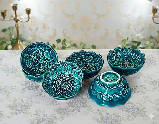 Handmade Decorative Turkish Ceramic Mini Pinch Bowls Set of 6 – Small Dipping & Serving Sauce Bowls, Green Charcuterie Accessories, Hand-Painted Floral Pattern Snack Dishes for Kitchen & Table Decor