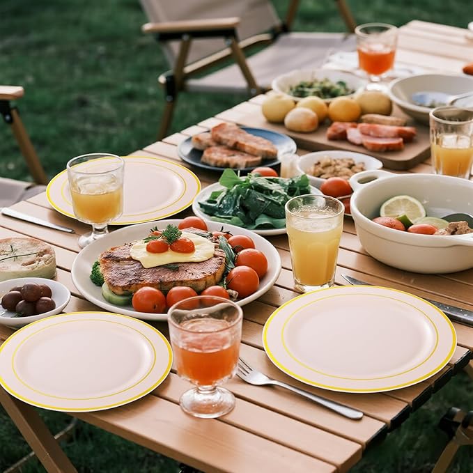 GATHER 350PCS Pink Plastic Plates - Disposable Plastic Dinnerware Set Include 100 Pink Plates, 150 Silverware, 50 Napkins, 50 Cups for Party & Wedding & Valentine's Day