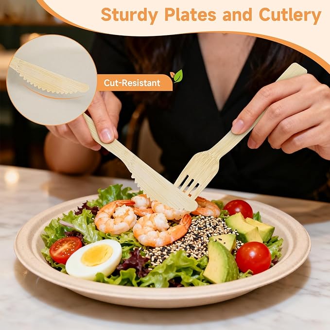 Compostable Disposable Dinnerware Set - 30pack Eco-Friendly Cutlery, Include: 30 10” and 7” Paper Plates, 30 Pre Rolled Napkins and Bamboo Cutlery Set, 30 Cups for Party