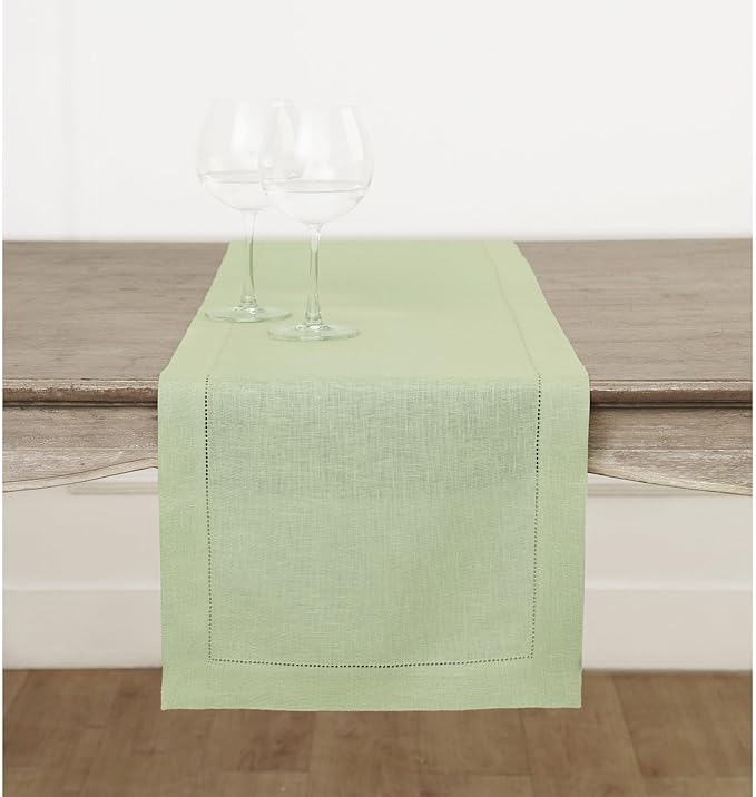 Solino Home Linen Sage Green Table Runner 72 Inches Long - 100% Pure Linen Hemstitch Table Runner 14 x 72 Inch for Dresser, Dining, Spring, Easter, St Patricks Day - Classic Hemstitch