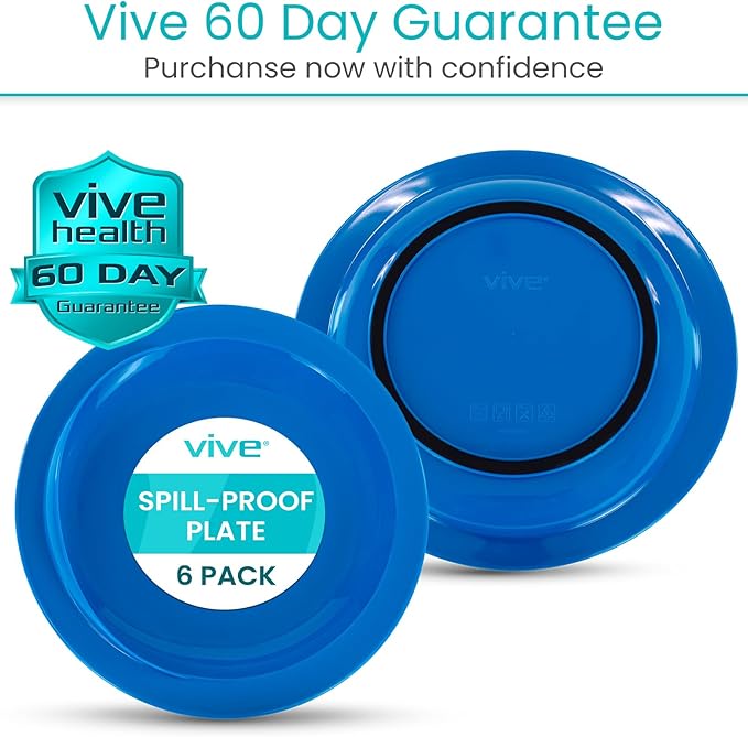 Vive Spill-Proof Scoop Plate, 9" (6 Pack) - Dish with Wall for Disabled, Handicapped, Elderly Adults with Special Needs from Parkinsons, Dementia, Stroke, Tremors with - Non Skid Padded Bottom