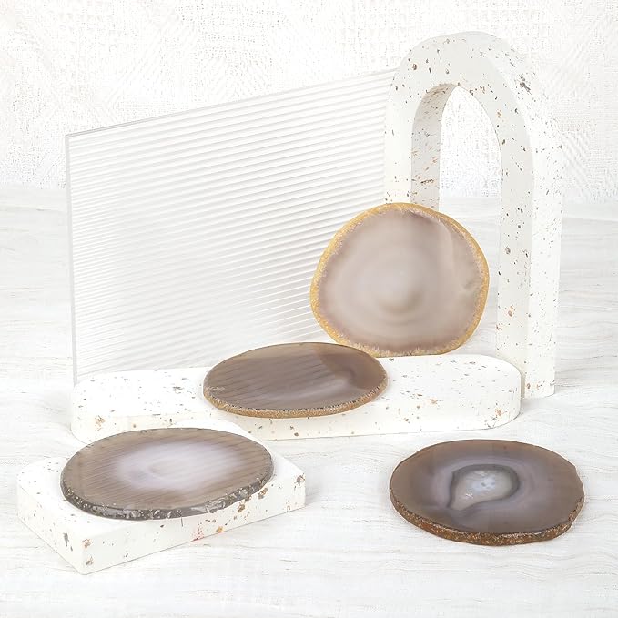 Natural Agate Coasters for Drinks, Geode Stone Coaster Slices Set of 4 Gemstone Drinkware Bar Glass Coasters for Coffee Table, 3.5-4" Agate Decor for Home Housewarming Gift Birthday
