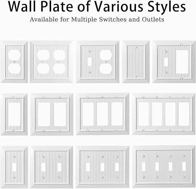 Beadboard Outlet Covers Wall Plates, Bamboo Fiber Light Switch Covers, Natural Material Electric Receptacle Decorative Switch Plate Outlet Cover (Pure White, 1 Gang Decorator 4 Pack)