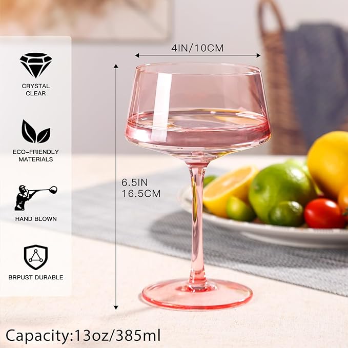 Pink Coupe Glasses Set of 6-13 oz Large Capacity Martini Glassware - Versatile Tall Cocktail Glasses- Hand-Blown Colored Champagne Coupe Glass-Art Deco Cocktail Glasses Set-Wedding Gifts