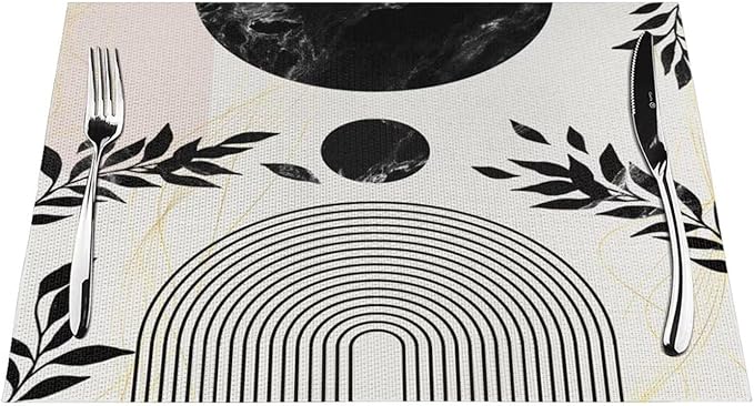 Boho Mid Century Leaf Placemats,Arch Sun Design,Minimalistic Leaves Pattern Luxurious Washable Place Mats 12x18Inch for Dining Kitchen Farmhouse Decor 4 PCS