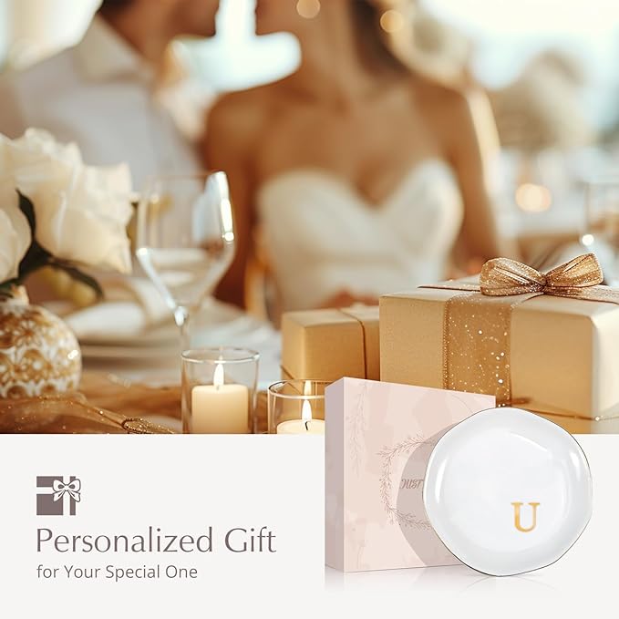 ProCase Ceramic Jewelry Tray, Initial Ring Dish Trinket Plate Engagement Gift, Small Personalized Monogram Ring Bowl for Wedding, White Decorative Jewelry Holder for Women Vanity -Letter U