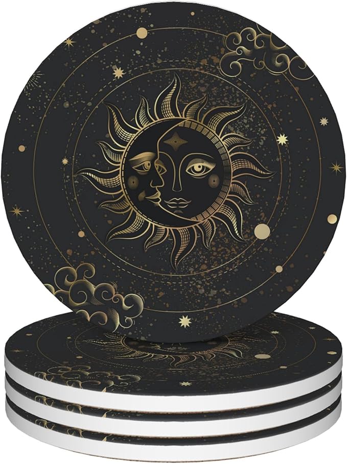 Coasters for Drinks,Golden Sun Moon Boho Absorbent Coaster Set of 4 with Cork Base,Ceramic Drink Coasters for Cold Drinks Wine Glasses Cups Mugs,Housewarming Gifts for Home Decor