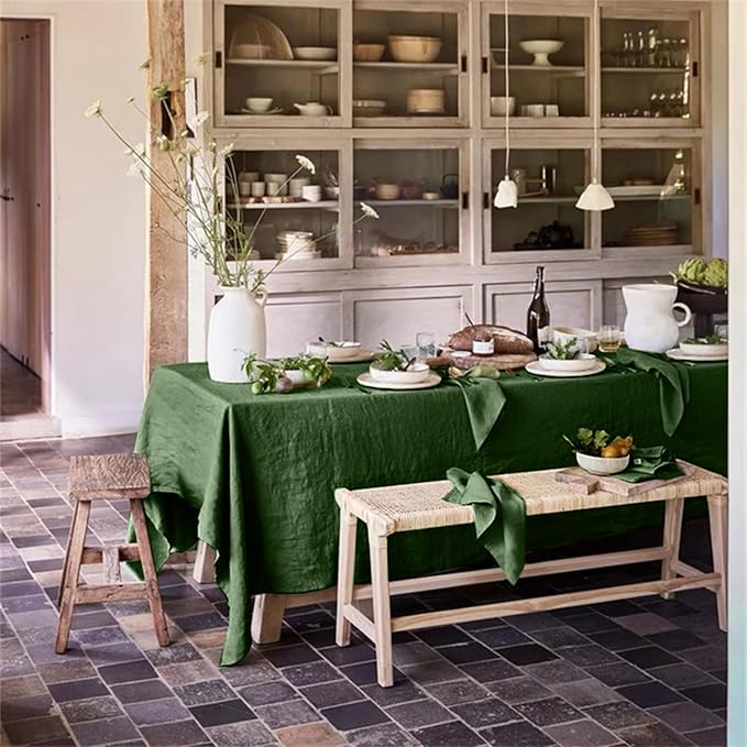 Talasily Linen Tablecloth 100% Pure Linen Table Cloth 60x84 Inches Rectangle Tablecloths Washable Cloths for Kitchen, Dining, Buffet Parties, Holidays, Picnic, Weddings and Restaurants-Forest Green