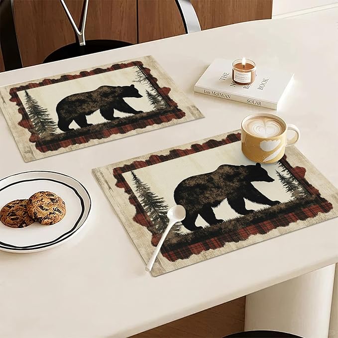 Bear Placemats Set of 6, Farmhouse Cabin Place Mats, Country Rustic Wild Animal Waterproof Washable Table Mats for Home Party Indoor Kitchen Dining Table Decoration 12x18 Inch