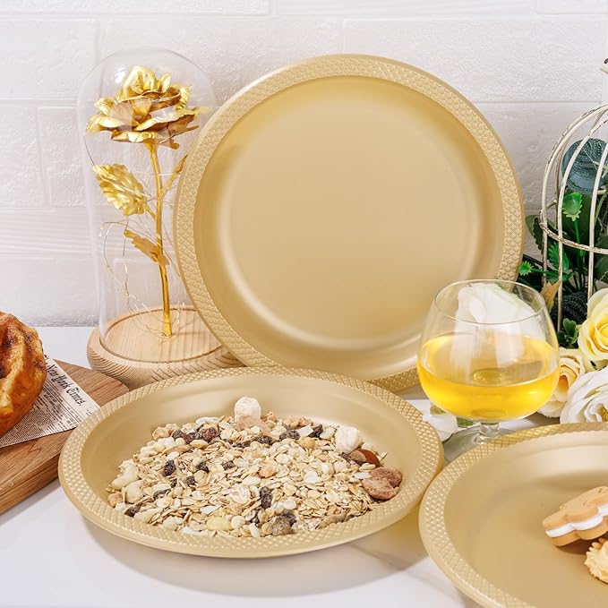 WELLIFE Gold Party Plates 9 Inch -150 Count, Disposable Plastic Dinner Plates for Party Dessert Cake Wedding Engagement Birthday