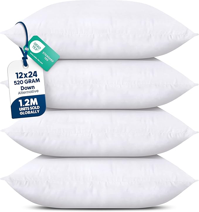 Utopia Bedding Throw Pillows (Set of 4, White) – 12 x 24 Inches Down Alternative Pillows for Bed, Sofa, and Couch - Fluffy Decorative Stuffer Pillow for Indoors & Outdoors