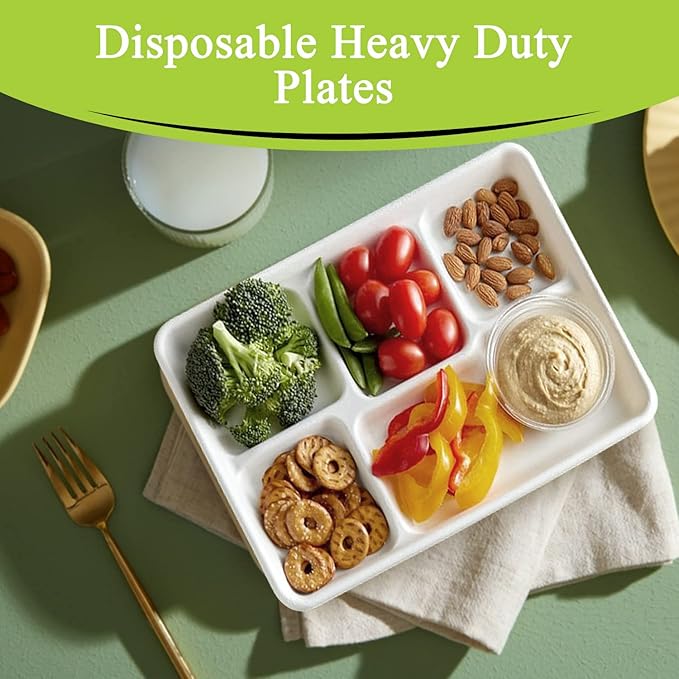 three leaf 5 COMPARTMENT BAGASSE (SCHOOL) TRAY 150 Ct. Heavy-Duty- Super Strong- Natural- Eco-Friendly Disposable Bagasse Plates, 100% Biodegradable 5 Compartment meal Plates