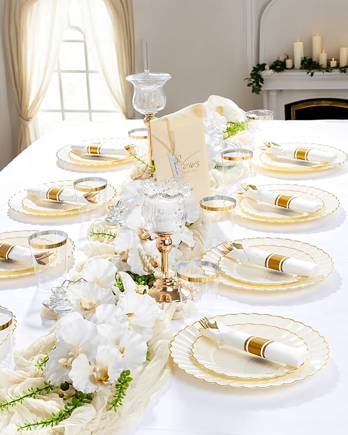 YOUBET 350PCS Ivory Scalloped Plastic Plates - Ivory and Gold Disposable Dinnerware Set Include 100 Plates, 150 Gold Silverware, 50 Cups, 50 Napkins for Wedding & Party
