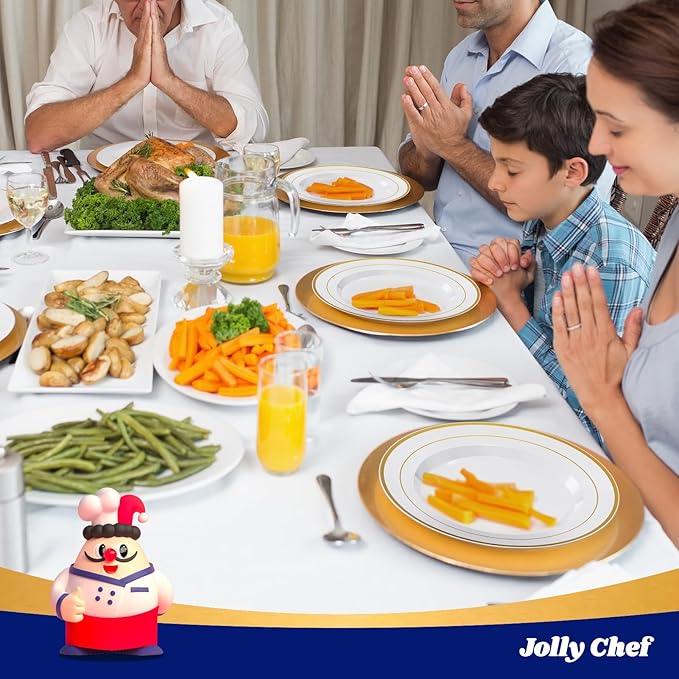 JOLLY CHEF 200 Pieces Gold Plastic Plates, 10 Inch Elegan Disposable Plates White Plate with Gold Rim,Plastic Plates for Christmas、Birthdays and Weddings