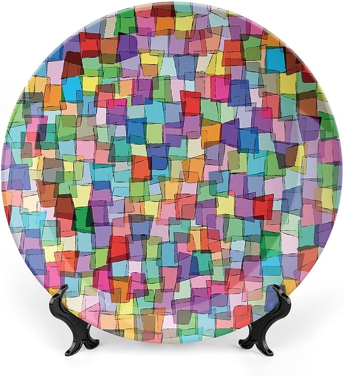 Ceramic Display Plate, Abstract Ceramic Hanging Decorative Plate, Mosaic Tile Pattern Colorful Squares Cubes, 10 Inch, Living Room Kitchen Decoration Household, Multicolor