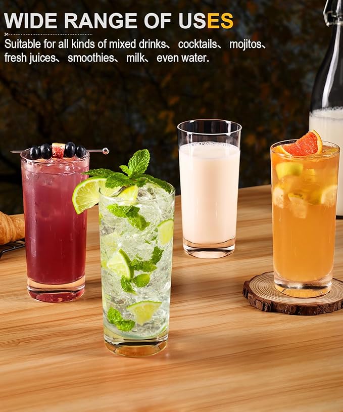 Drinking Water Glasses Set of 4, 15.5oz Highball Glasses, Lead-Free Crystal Glassware with Unique Wide Mouth, Thoughtful Gifts for House Warming, Birthdays, Everyday Life
