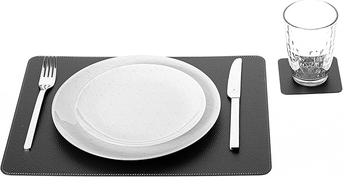 Nikalaz Set of Black Placemats and Coasters, 4 Table Mats and 4 Coasters, Recycled Leather, 18'' x 13''