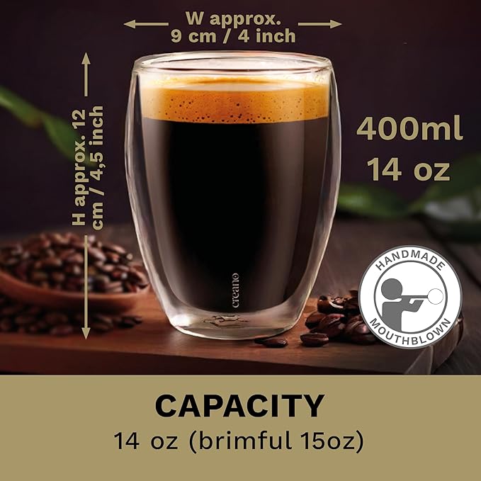 Creano Premium Double-Walled Drinking Glasses 12.5oz / 400 ml - Set of 4 - Professional Quality - 100% Dishwasher Safe (4x 12.5oz)