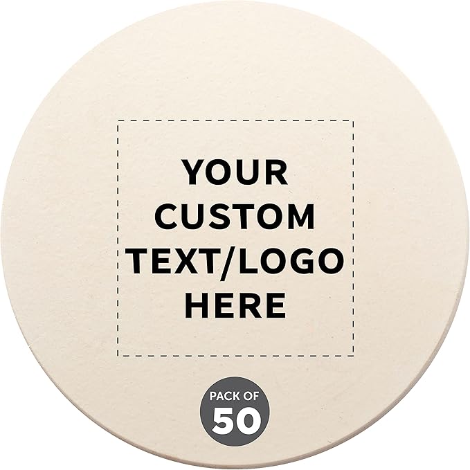 DISCOUNT PROMOS Custom Ceramic Coasters Set of 50, Personalized Bulk Pack - 4 Inches with Cork Bottom Pad, Perfect for Hotel, Bar, Restaurant - Natural