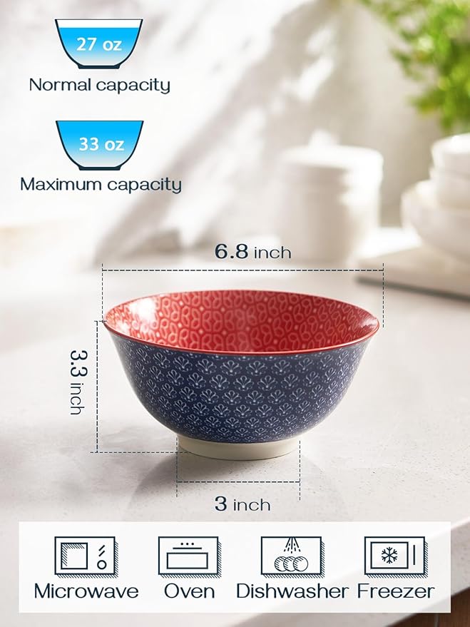 DOWAN Mosaian 33 OZ Large Bowl Set of 6 - Ceramic Deep Bowls for Ramen, Pasta, Salad - Vibrant Patterned Porcelain Bowls for Kitchen Decor & Housewarming Gift - Dishwasher & Microwave Safe