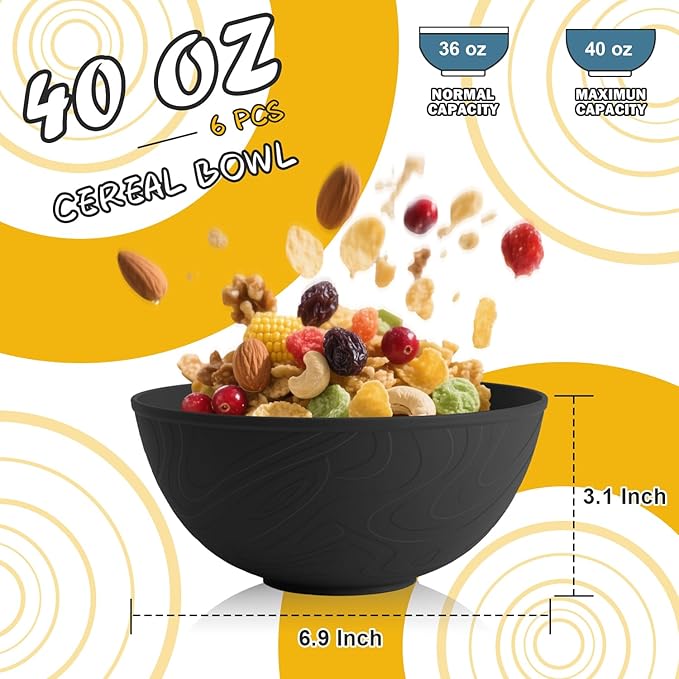 Unbreakable Cereal Bowls 40 OZ, Wheat Straw Bowls Set of 6, Anti Scald Extra Thick Soup Bowls, Reusable Plastic Bowl for Kitchen, Outdoor, Camping, RV, Black