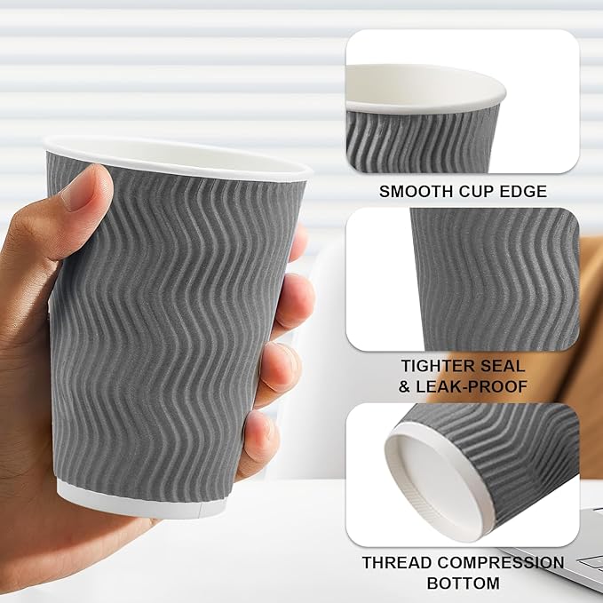 500 Pack 12 oz Coffee Cups, Disposable Corrugated Insulated Ripple Wall Paper Coffee Cups 12oz for Hot or Cold Drinks Office Home Cafe Party Travel (Grey)
