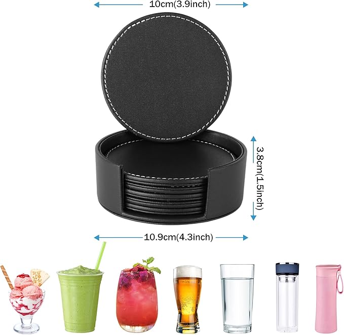 Leather Coasters for Drinks(6 Pack), Handmade Durable Drink Coasters Set with Holder for Tabletop Protection, Luxurious Home Décor and Housewarming Gift (Black)