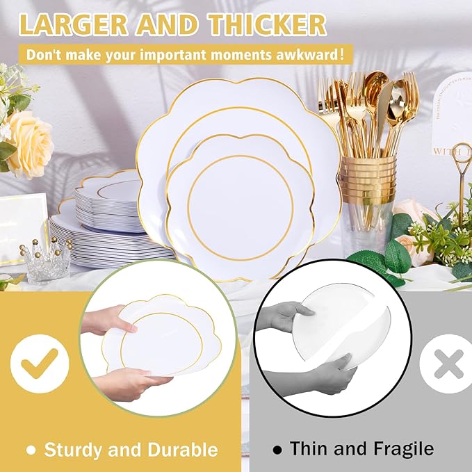 EI 180pcs White Plastic Plates with Gold Plastic Silverware,Heavy-Duty Disposable Plates for Party,White Dinnerware Set for 30 Guest Wedding,Afternoon Tea,Spring,Mother's/Valentine's Day