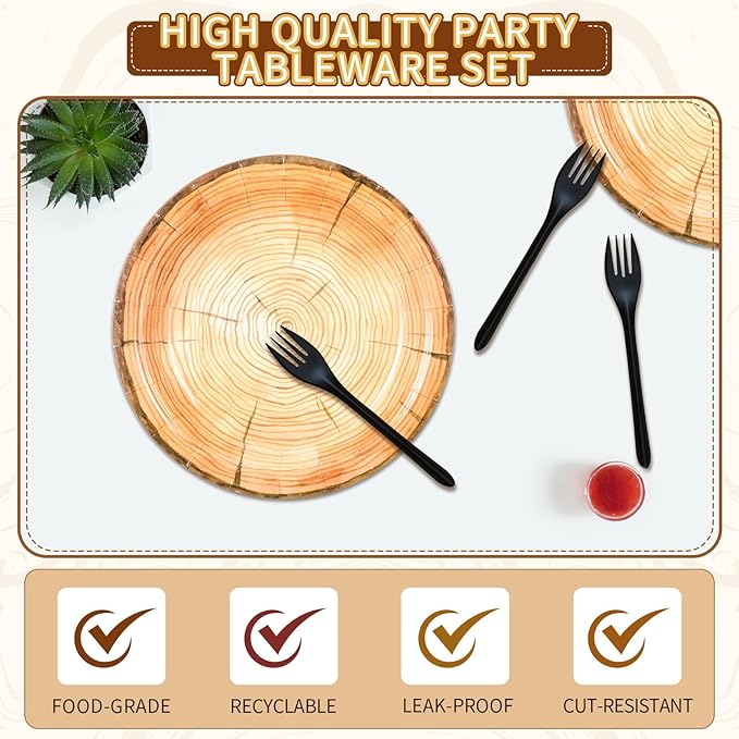 Tioncy 100 Pieces Wood Grain Paper Plates 7" 9" Rustic Wood Slice Plate Farmhouse Round Disposable Dinner Dish for Woodland Baby Shower Lumberjack Birthday Party Supplies