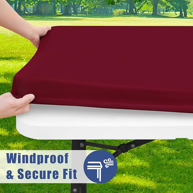 Spandex 6 Foot Rectangle Table Cloth 2 Pack, Elastic Fitted Tablecloths for Picnic, Stretch Washable Patio Table Cover for Outdoor, Camping, Banquet and Parties (Wine Red, 30"x72")