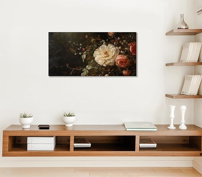 ADJUVANT Wall Art Vintage Peony And Rose Bouquet 40"L x 20"W, White Peony With Pink Roses Canvas Painting Elegant Floral Artwork Prints Botanic Wall Decor for Living Room Bedroom Dining Room Home Office