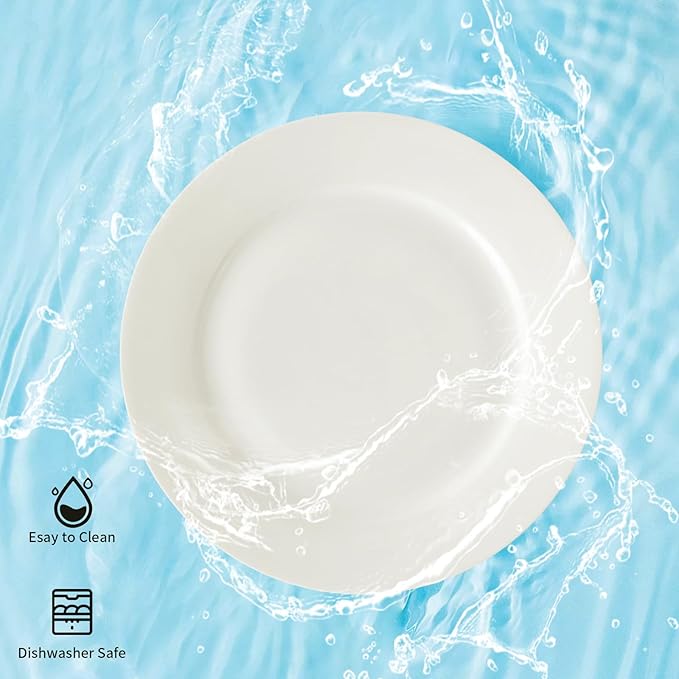 TAMAYKIM 10.5 Inch Porcelain Salad Dinner Plates 8 Pieces, Wide Rim Round Pasta Plates, Large Serving Dinnerware Sets, Scratch Resistant, Microwave, Oven, and Dishwasher Safe, White
