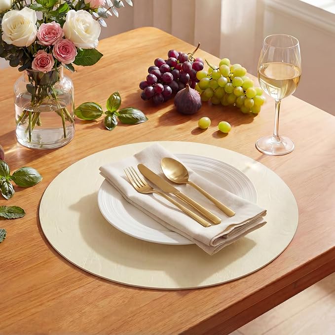 Artoid Mode Beige Faux Leather Placemats Set of 4, 15 Inch Waterproof Wipeable Heat Resistant Vinyl Place Mats, Reversible Table Mats for Kitchen Dining Decor