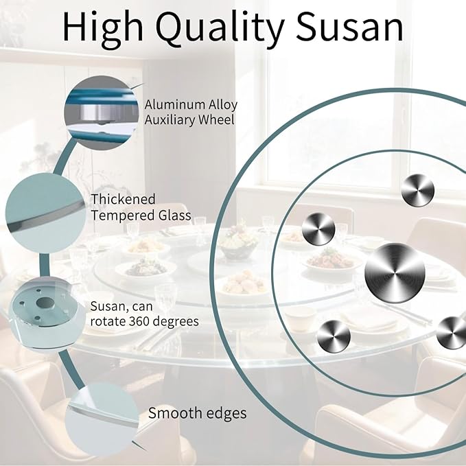 28" Glass Lazy Susan for Dining Table, Glass Turntable Table Centerpiece with 6 Rotating Wheels, 360° Smooth and Silent Spin Tabletop Rotating Tray, for Family Gatherings, Banquets, Weddings, 72 cm