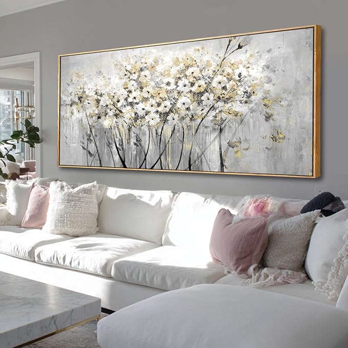 VAYIMDH White and Gold Canvas Wall Art Flower Photo Prints Vintage Wood Wall Decor 40"x86" Kitchen Artwork Pictures for Bedroom