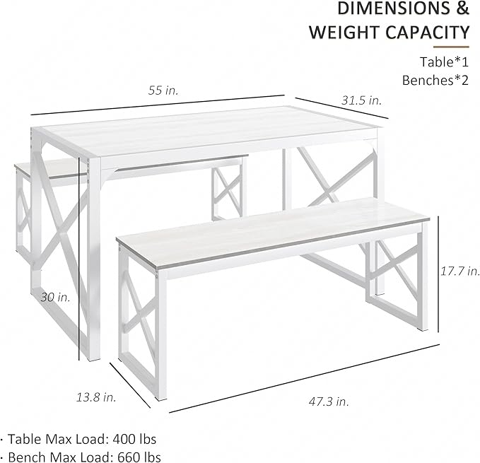 VECELO Kitchen Dining Table Sets for 6, 55" Wood Dinette 2 Benches with Metal Frame for Dinner Breakfast Nook and Small Space, White