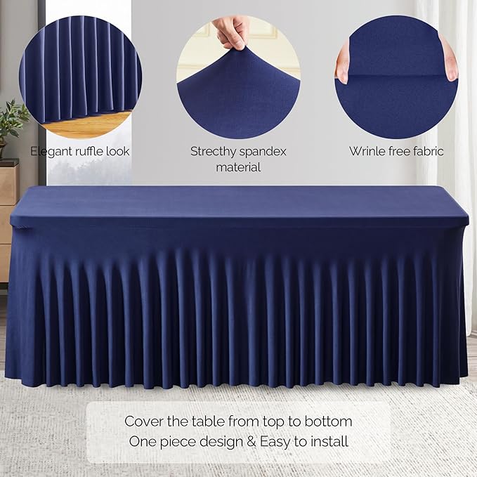 Wish Care 2 Pack Navy Blue Spandex Table Clothes for 4 Foot Rectangle Tables, 4FT Wrinkle Free Fitted Tablecloths Ruffles Design Table Cover for Party, Banquet, Wedding and Events