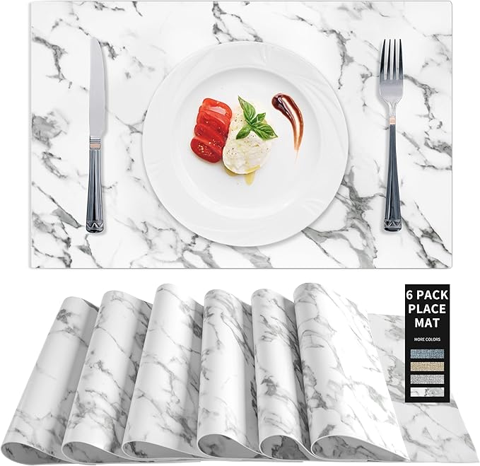 Leather Placemats Set of 6, Marble Placemats for Dinner Table Mats Heat Resistant Placemats Washable Insulation Table Mat Kitchen Marble Place Mats Nordic Style