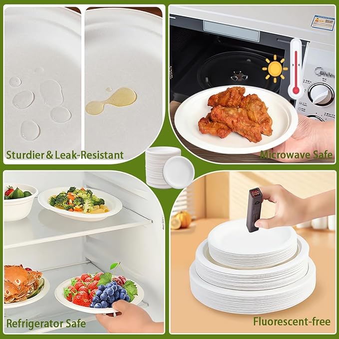 9 inch Plates Disposable Heavy Duty 150 Pack Leak Proof 100% Compostable Dinnerware Round White Paper Dishes Bagasse Made for Dessert, Parties, Wedding and BBQ (9 Inch)