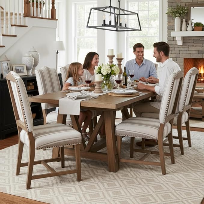 CIMOTA Mid Century Modern Dining Chairs Set of 6, Farmhouse Upholstered Dining Room Chairs Comfortable Kitchen Side Chairs with High Back/Natural Solid Wood Frame, Linen Brown/Beige Stripe