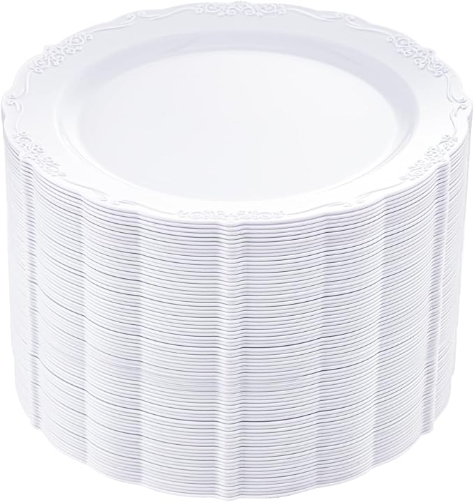 DaYammi 60PCS White Plastic Plates, Heavy Duty White Disposable Plates Premium 10inch Dinner Plates Hard Plastic Plates Disposable for Party Wedding Bridal Shower
